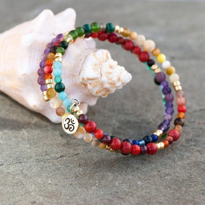 Yoga Bangle, Chakra Bracelet, Bronze Om Charm, Rainbow Bracelet, Multi-Color Natural Stone, Memory Wire, Zen Bracelet, 7 Chakra Colors image 2