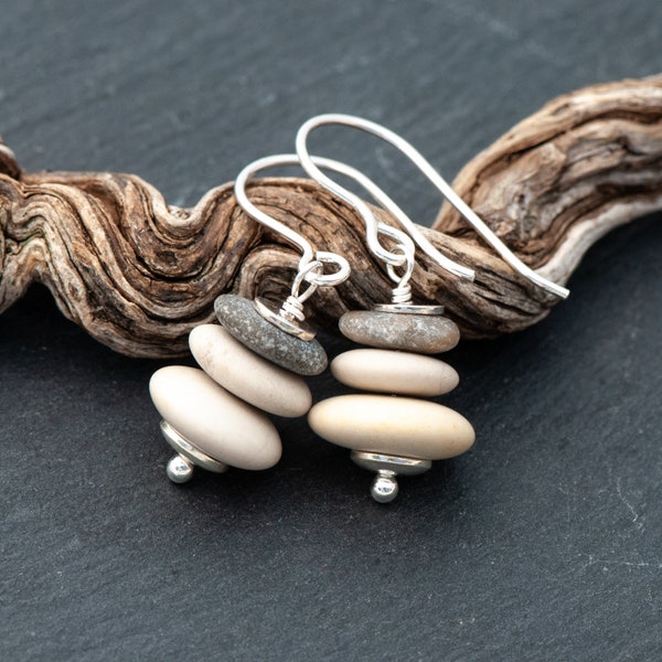 Cairn Stone Beach Pebble Earrings, Rustic Drilled Beach Stone Earrings, Cream Beige & Gray Natural Stone Earrings, 925 Sterling Silver