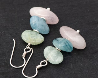 Multicolor Beryl Earrings, Blue Green Pink Nugget Drops, Heliodor Aquamarine & Morganite Stone with 925 Sterling Silver French Ear Wires