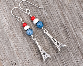 I love Paris, 925 Sterling Silver Eiffel Tower Earrings, La Tour Eiffel, Blue White Red Dangles, Love France, French Flag, Allez Les Bleus