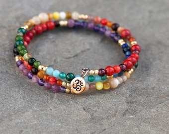 Yoga Bangle, Chakra Bracelet, Bronze Om Charm, Rainbow Bracelet, Multi-Color Natural Stone, Memory Wire, Zen Bracelet, 7 Chakra Colors