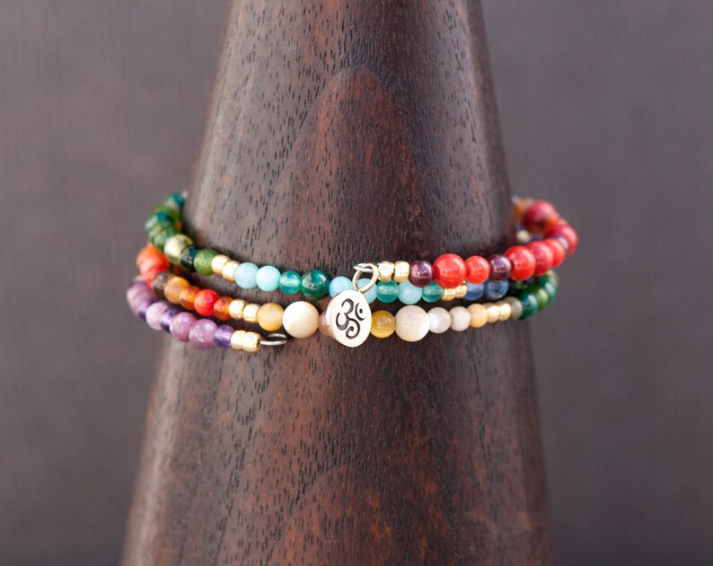 Yoga Bangle, Chakra Bracelet, Bronze Om Charm, Rainbow Bracelet, Multi-Color Natural Stone, Memory Wire, Zen Bracelet, 7 Chakra Colors image 4