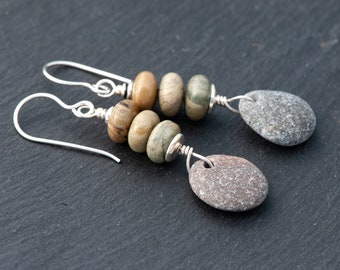 Jasper and Beach Pebble Earrings, Grey and Green Natural Stone Earrings, 925 Sterling Silver French Ear Wires, Rustic Beach Lover Earrings