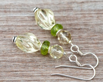 Lemon Quartz and Peridot Earrings, Yellow and Green Gem Stone Earrings, 925 Sterling Silver French Ear Wires, Sparkly Natural Stone Earrings
