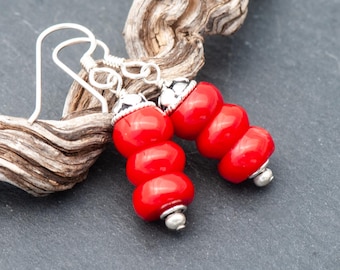 Red Bamboo Coral Earrings, Bright Summer Earrings, 925 Sterling Silver French Ear Wires, Rustic Coral Drop Earrings,