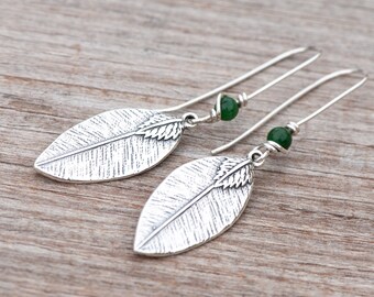 925 Sterling Silver Leaf Charm and Green Jasper Earrings, Nature Lovers Earrings, Long Lightweight Everyday Earrings