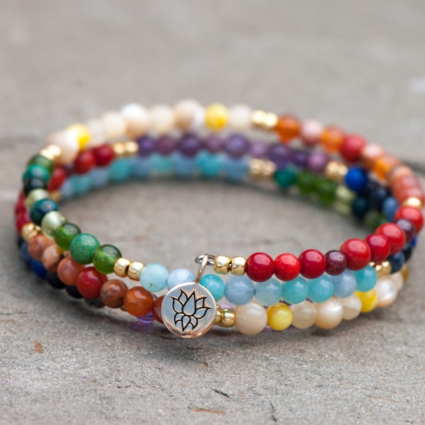 Chakra Bracelet, Yoga Bangle, Bronze Lotus Charm, Rainbow Bracelet, Multi-Color Natural Stone, Memory Wire, Zen Bracelet, 7 Chakra Colors