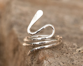 Sterling Silver Snake Ring, Double Wrap Hammered Silver Coiled Serpent Ring, Adjustable Sterling Silver Ring, Thumb and Middle Finger Ring,