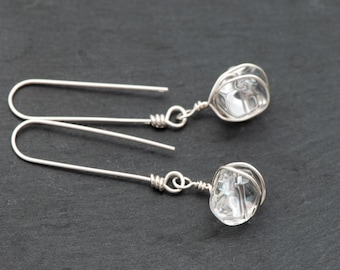 Clear Quartz Crystal Nugget Earrings, Sterling Silver Wire Wrapped Rock Crystal Natural Gem Stone, Long Handmade 925 Silver Ear Wires