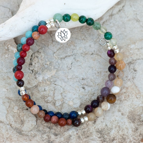 Chakra Bracelet, Sterling Silver Lotus Flower Charm, Rainbow Yoga Bangle, Natural Stone, Memory Wire Bracelet, Zen Bracelet, 7 Chakra Colors