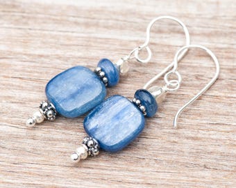 Kyanit und 925 Sterling Silber Ohrringe, Denim Blau Naturstein Anhänger, 925 Französische Ohrhaken