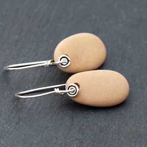 Tan Beach Pebble Earrings, Minimalist Beach Stone Earrings, 925 Sterling Silver French Ear Wires, Simple Beach Lover Earrings