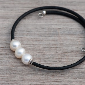 Freshwater Pearl Bracelet, White Pearl Bangle, Stacking Summer Beach Bracelet, Memory Wire and Black Rubber Tube Bracelet