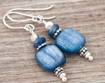 Kyanite and 925 Sterling Silver Earrings, Denim Blue Natural Stone Earrings, 925 French Ear Wires