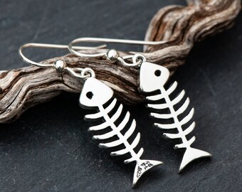 Sterling Silver Fish Bone Earrings, Silver Fish Skeleton Earrings, 925 French Ear Wires, Dangly Fish Lover Drops