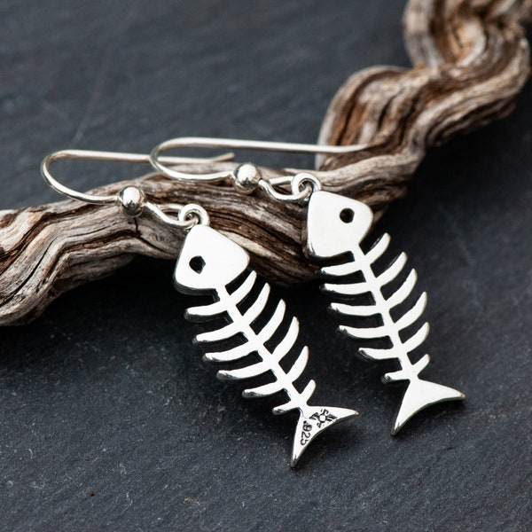 Sterling Silver Fish Bone Earrings, Silver Fish Skeleton Earrings, 925 French Ear Wires, Dangly Fish Lover Drops