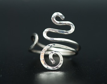 Sterling Silver Adjustable Ring, Thumb Ring, Hammered Silver Bent Wire Ring, Sterling Freeform Ring, Swirl Design, Knuckle to Knuckle Ring,