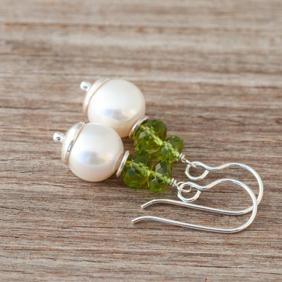 White Pearl and Peridot Earrings, Sophisticated Large Freshwater