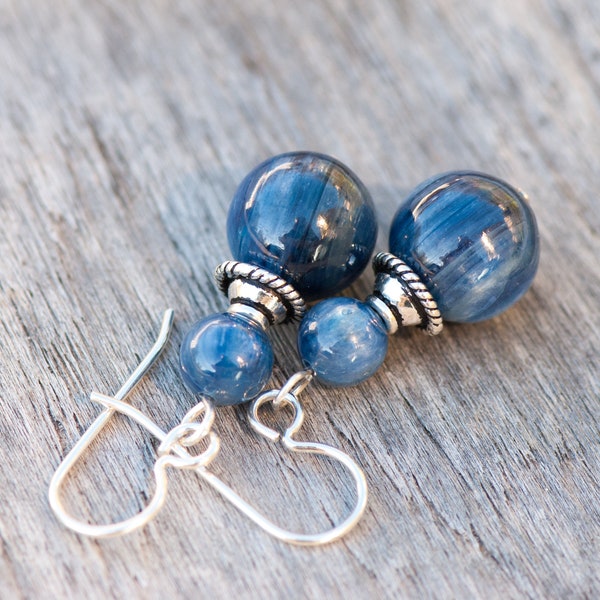 Blue Kyanite Earrings, Denim Blue Natural Stone Earrings, 925 Sterling Silver Ear Wires, Chakra Stone