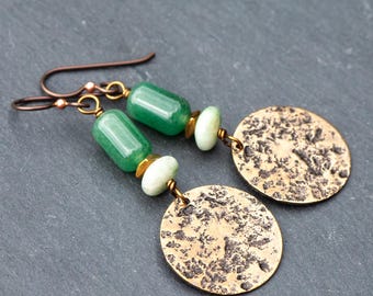 Textured Brass Disc and Green Jade Earrings, Rustic Boho Green Natural Stone Dangles, Hypoallergenic French Ear Wires