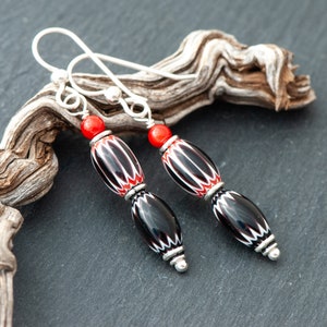 African Trade Bead Earrings, Black, White and Red Chevron Beads, 925 Sterling Silver French Ear Wires, 6 Layer Ethnic Bead Earrings