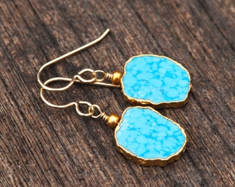Gold Bezel Set Magnesite Earrings, Freeform Turquoise Earrings, Gold Filled French Ear Wires, Petite Earrings