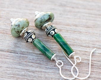 African Turquoise and Green Jade Earrings, Ethnic Green Natural Stone Earrings, Bali Silver Beads, 925 Sterling Silver Ear Wires