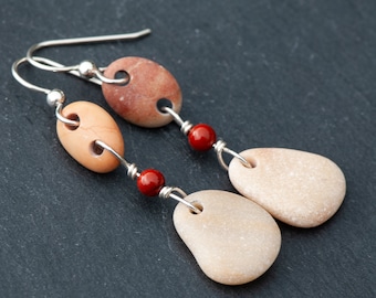 Beach Stone and Mahogany Jasper Earrings, Rustic Natural Stone Earrings, Drilled Beach Pebble and 925 Sterling Silver French Ear Wires