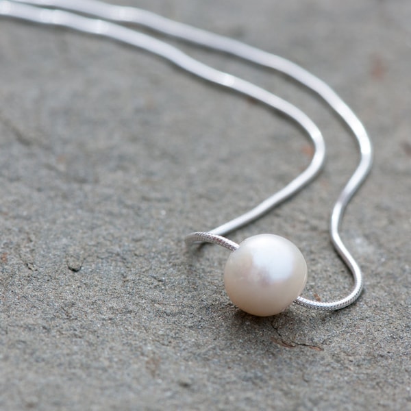 Floating Pearl Necklace, 10mm Natural  Minimalist White Pearl Necklace, Sterling Silver Chain, Bridal Pearl Necklace, Anniversary