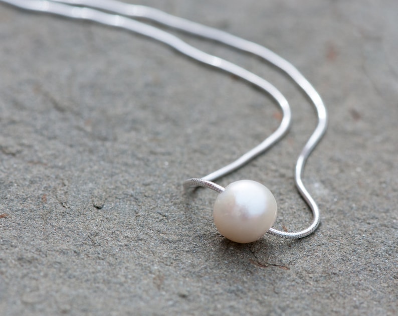 Floating Pearl Necklace, 10mm Natural Minimalist White Pearl Necklace, Sterling Silver Chain, Bridal Pearl Necklace, Anniversary image 1