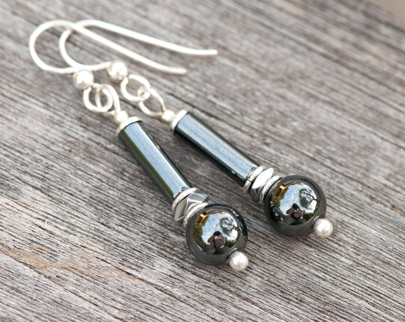Grey Earrings Gray Natural Stone Earrings Protection Stones Hematite Earrings Healing Stones 925 Sterling Silver Neutral Tone Earrings