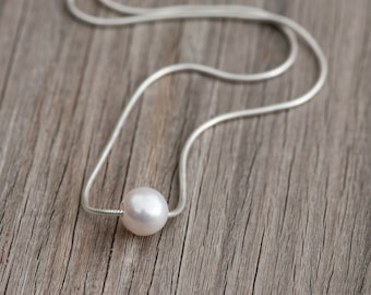 Floating Pearl Necklace, 8mm Natural Minimalist White Pearl Necklace, 925 Sterling Silver Chain, Bridal Pearl Necklace, Anniversary