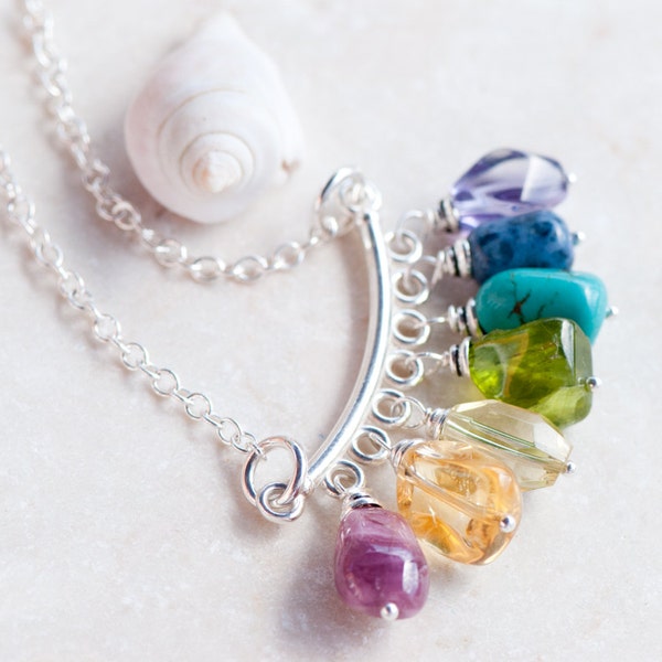 Chakra Necklace. 7 Chakra Colored Semi-precious Stone Necklace. Sterling Silver Pendant Necklace. Gemstone Necklace. Rainbow Necklace.