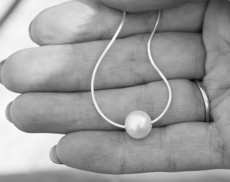 Floating Pearl Necklace, 10mm Natural Minimalist White Pearl Necklace, Sterling Silver Chain, Bridal Pearl Necklace, Anniversary image 4