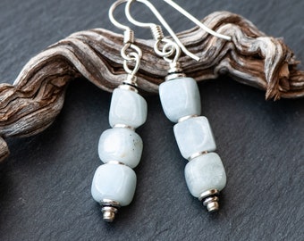Aquamarine Earrings, Light Blue Natural Stone Earrings, 925 Sterling Silver French Ear Wires, Dangly Stacked Aquamarine Beads