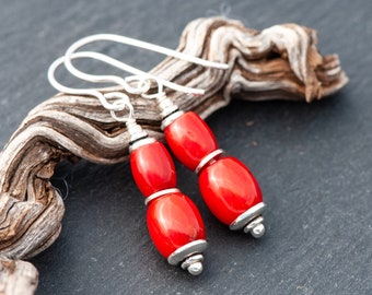Red Bamboo Coral Earrings, Bright Summer Earrings, 925 Sterling Silver French Ear Wires, Gift for Her