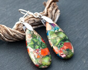 Multicolored Stone Earrings, Composite Jasper Earrings, 925 Sterling Silver French Ear Wires, Large Bright Teardrop Dangles