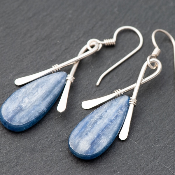 Teardrop Blue Kyanite Earrings, 925 Sterling Silver Wishbone and Denim Blue Natural Stone Earrings, Girlfriend Gift