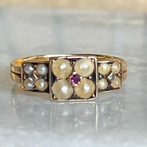Victorian 15k Gold Pearl and Ruby Ring, Birmingham, 1876 Size 6.5