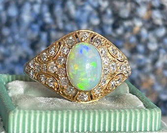 Antiker 14K Gold & Platinum Opal und Diamant Ring