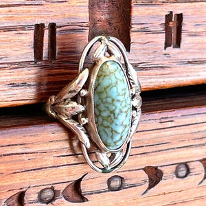 Antique Arts and Crafts Era Satin Glass Silver Ring Size 6
