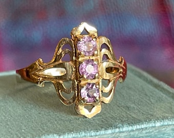 Vintage 90s 3 Amethyst Gold Ring London
