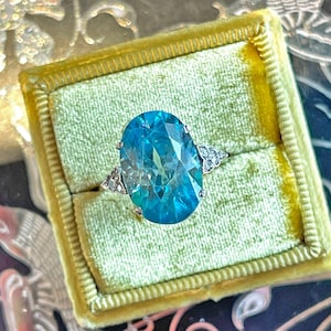 Art Deco Blue Zircon Diamond Ring Platinum Size 7.25