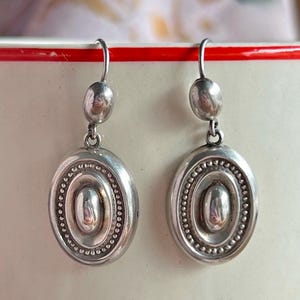 Victorian Antique Silver Earrings Embossed Oval Drop