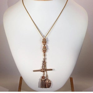 Antique French 18k Gold Watch Chain Necklace Locket Tassel T-bar 20"
