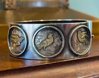 Aesthetic Movement Victorian Silver Bangle Bracelet Birds