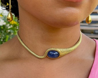 Art Deco 18k Gold Sapphire Snake Collar Necklace Omega Ouroboros