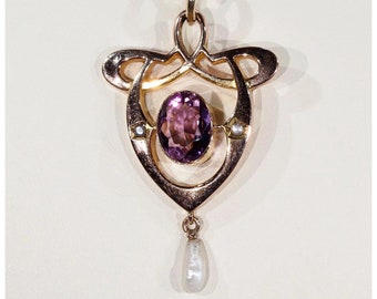 Antique Gold Art Nouveau Pearl Amethyst Pendant