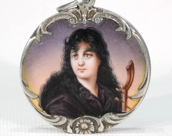 Antique Art Nouveau Silver Enamel Locket Woman Motif