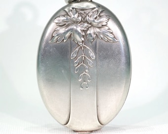 French Silver Art Nouveau Slide Locket Mirror Pendant Maple Leaf